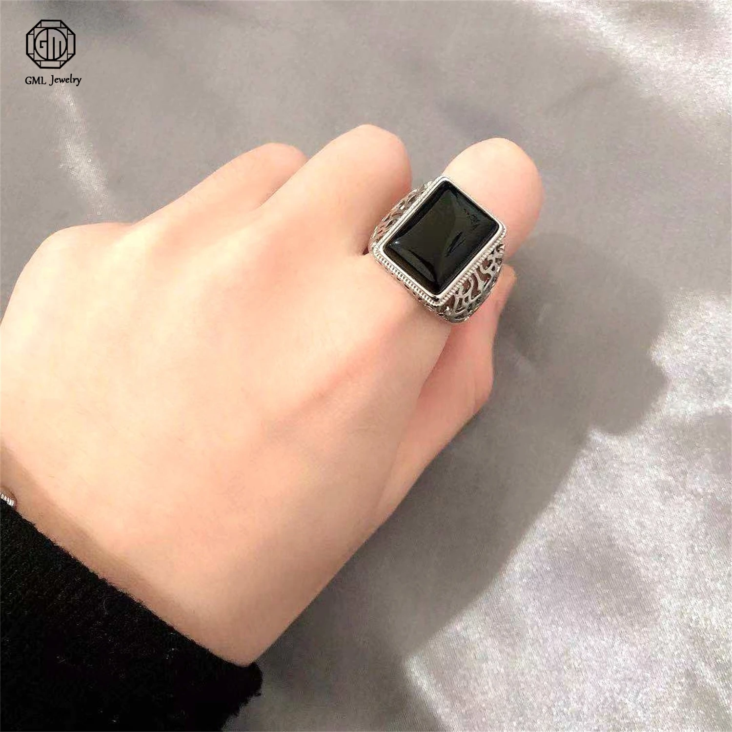 Copper Inlaid Hetian Dark Green Nephrite Jade Oval Cabochon Ring Black Green Stone Men Fashion Band Statement Chunky Masculine