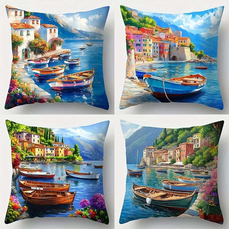Mediterranean Village Coastal Scene Pillowcase Set 4 PCS 40x40cm Decorative Cushion Cover Home Decor