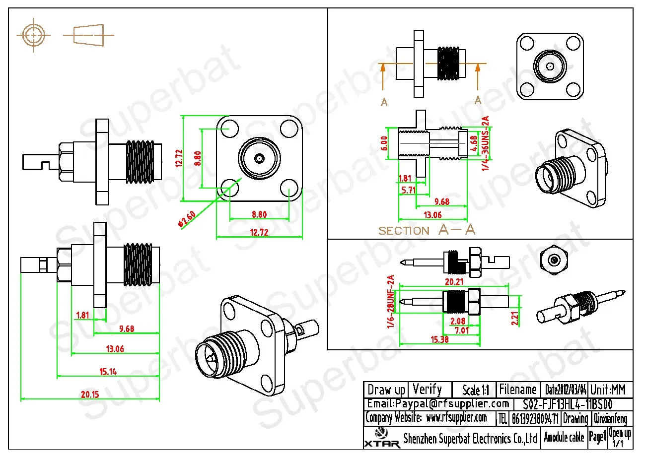 Superbat 10pcs RP-SMA Solder Female(male pin) Flange RF Coaxial Connector for Cable RG178, 1.13mm 1.37mm