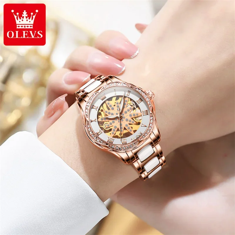 Olevs luxury ceramic mechanical watch women waterproof fashion skeleton watches women automatic wristwatches