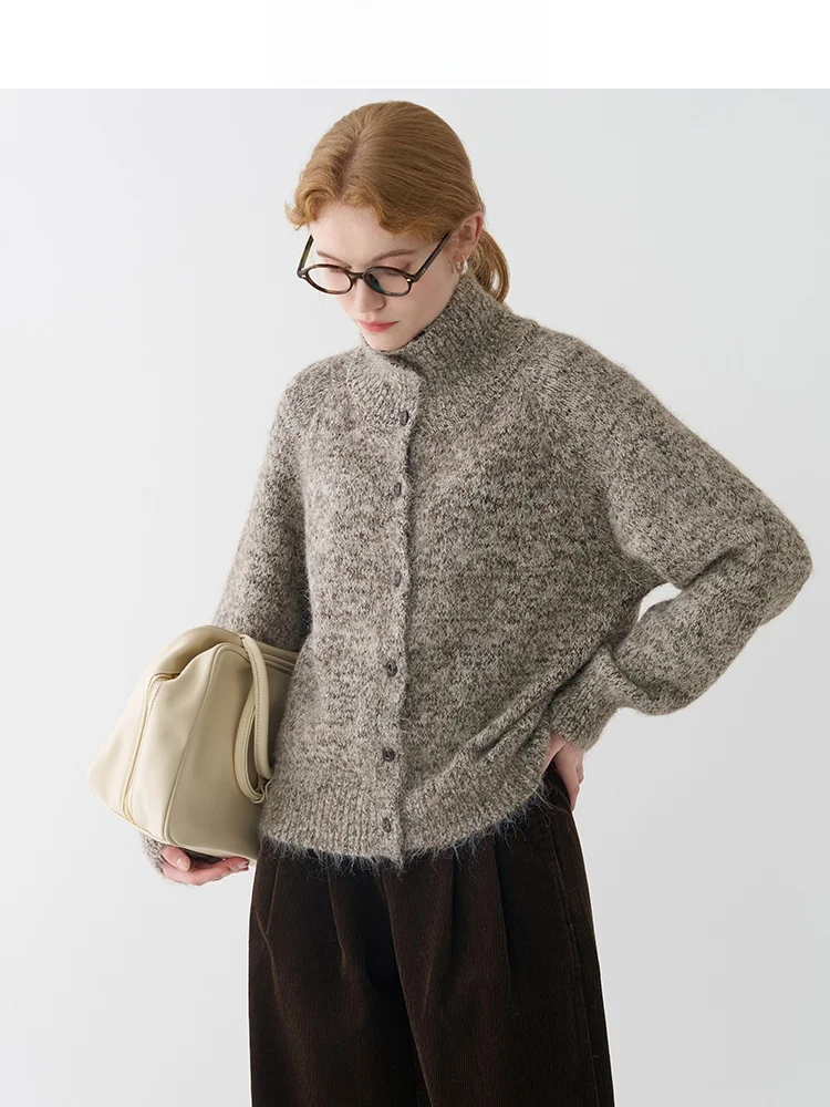 

Thiened Knitted High Collar Cardigan Women's Spring Autumn Single Button Turn-down Collar Floral Silk Lazy Sle Sweater Coat