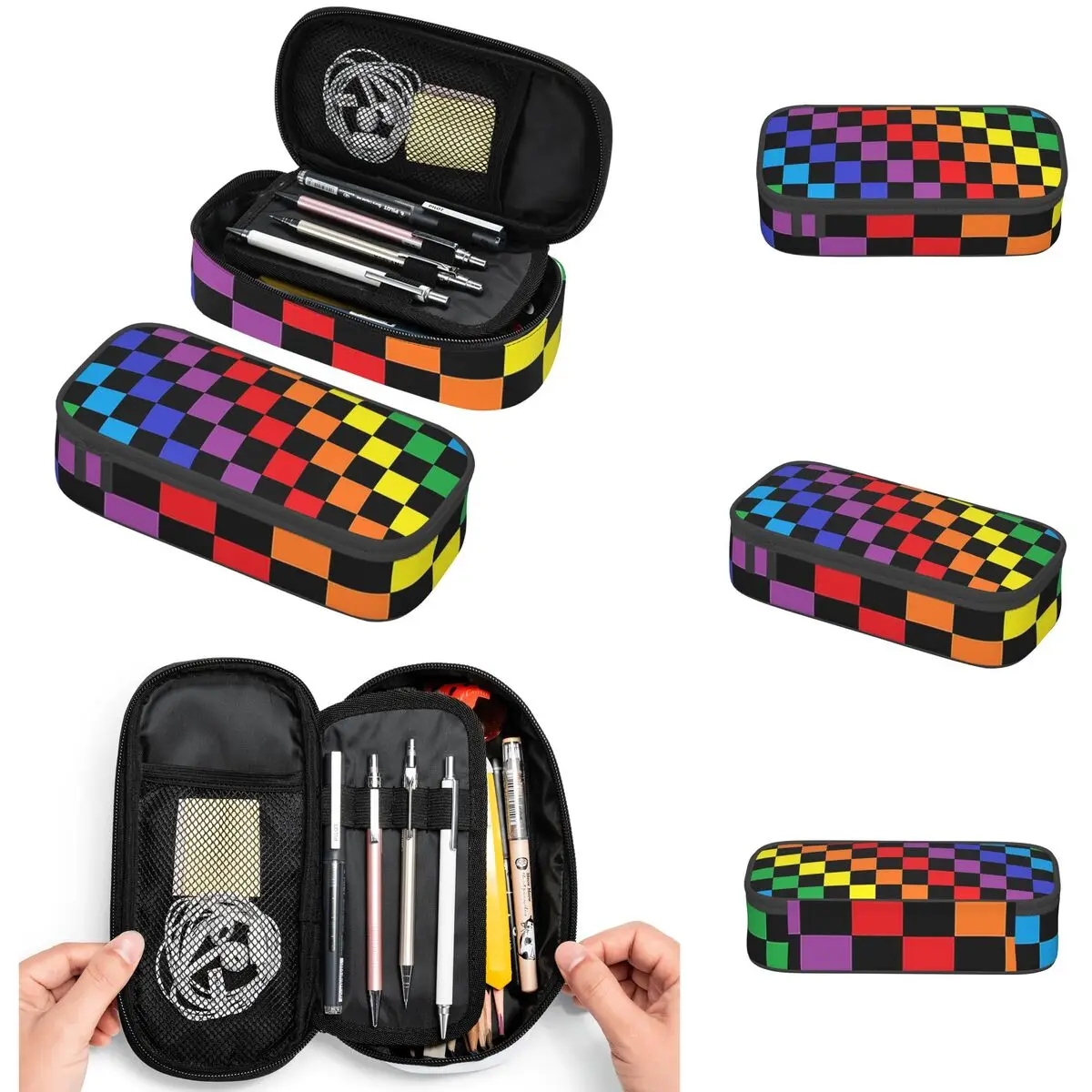 Checkered Rainbow Black Pencil Cases Big Capacity Pen Bags Pen Box Pencil Pouch For Boys Girls Students Stationery School Office