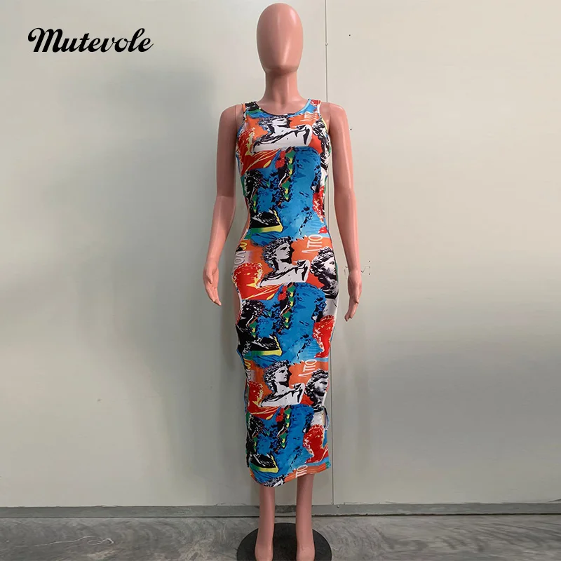 Mutevole Sommer sexy aus geschnitten ärmelloses langes Kleid Frauen Patchwork Print Loch Bodycon Sommerkleid