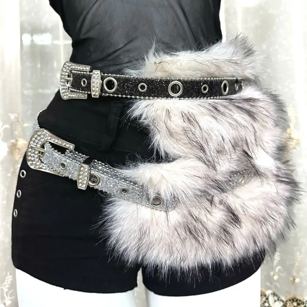 

Vintage Rhinestone Leather Fur Belt Spicy Girl Style Punk Furry Waistband Retro Versatile Y2K Plush Waist Belt Female/Girls