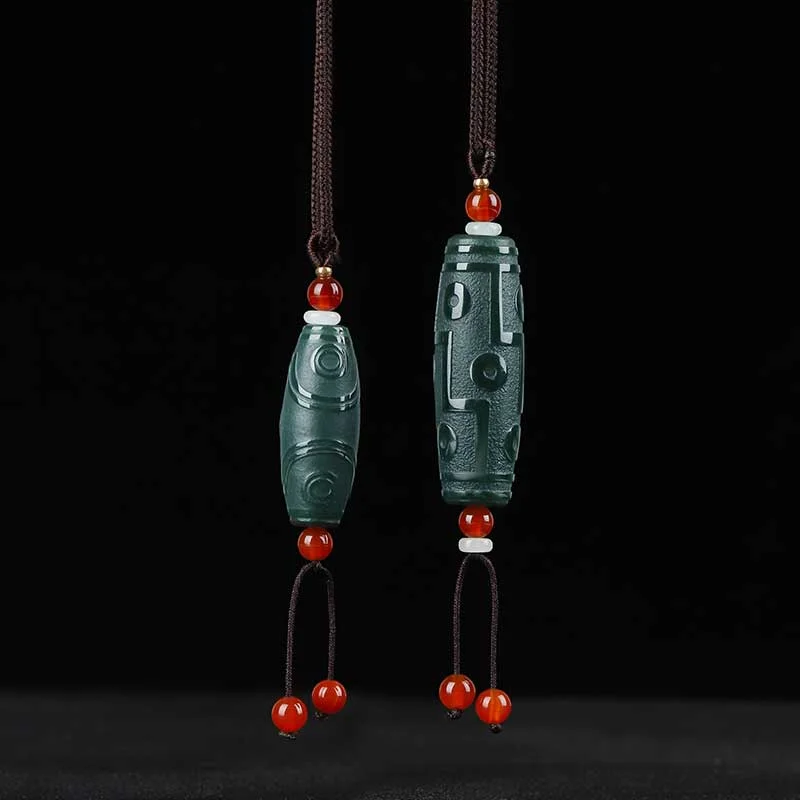 

Mai Chuang/ Hand-carved/ Natural Xin Jiang He Tian Cyan Jade Nine-eye Dzi Bead Necklace Pendant for Men Women Faith Amulet Gift