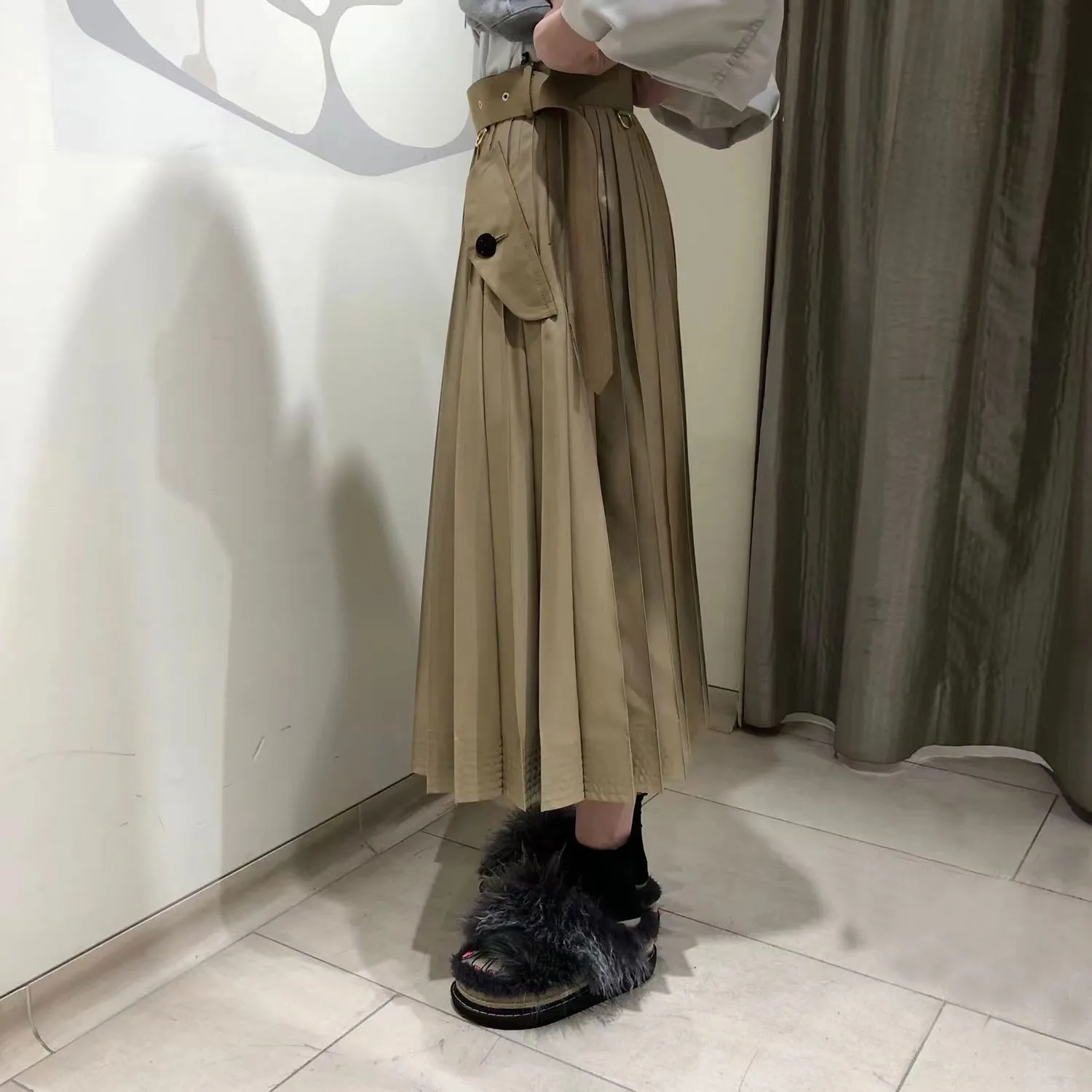 กระโปรงจีบ 2024 ฤดูใบไม้ผลิ/ฤดูร้อนใหม่เอวสูงเอวLace-Up Patchworkเข็มขัดจีบกระโปรงY2k