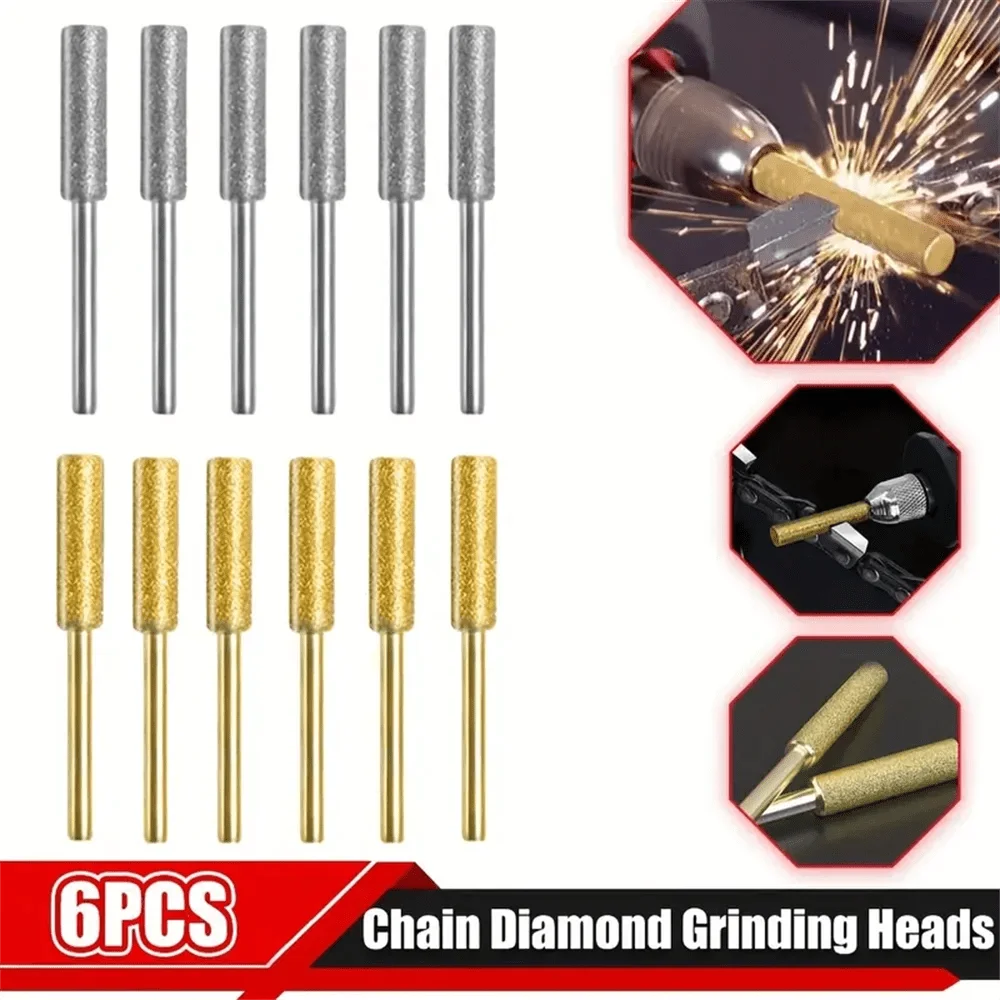 6Pcs Diamond Coated Cylindrical Burr 4/4.8/5.5mm Chainsaw Sharpener Stone File Chain Sharpening Carving Grinding Tools Kits