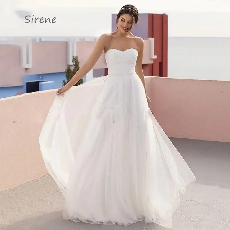 Vestido De Novia blanco plisado sin mangas, Vestido De Novia De tul, línea A, largo hasta el suelo, escote Corazón, Espalda descubierta, Simple y elegante