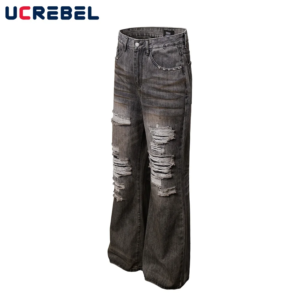 Ripped Washed Distressed Jeans Mens Scratch High Street Loose Straight Denim Flare Pants Men