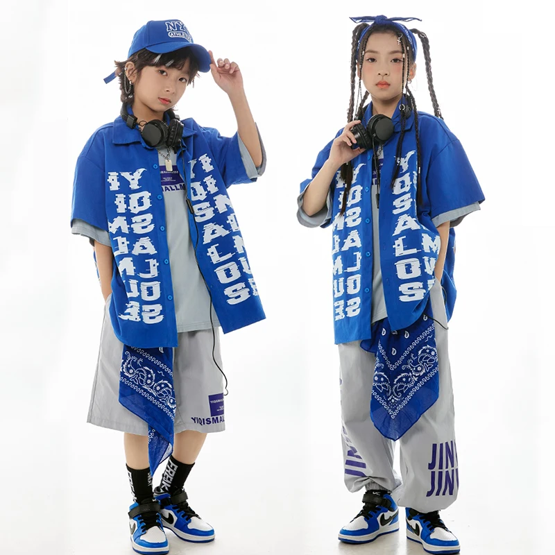 Boys Hip Hop Dance Costume Short Sleeves Blue Shirt Pants Loose Jazz Practice Clothes Girls Kids Hiphop Competition Wear BL12841