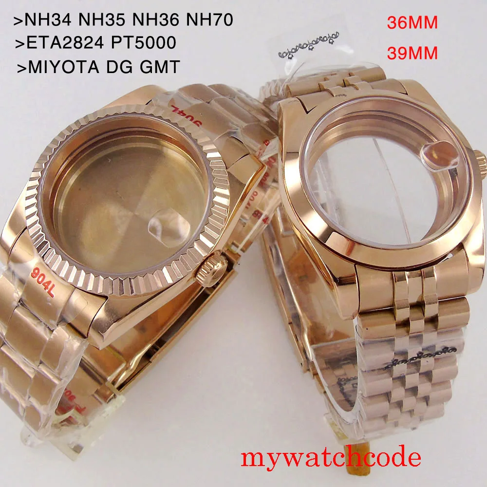 

36mm 39mm Rose Gold Day Date Fluted Watch Case for NH34 NH35 NH36 NH38 NH70 NH72 ETA2824 PT5000 MIYOTA DG MINGZHU Steel Band