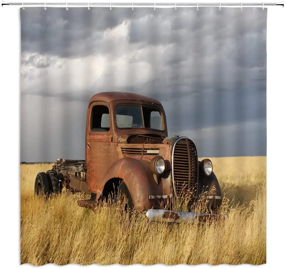 Antique Car Shower Curtain Vintage Classic Old Truck Car on Farm Field Retro Rustic Farmhouse Fabric Bathroom Decor Curtain Hook