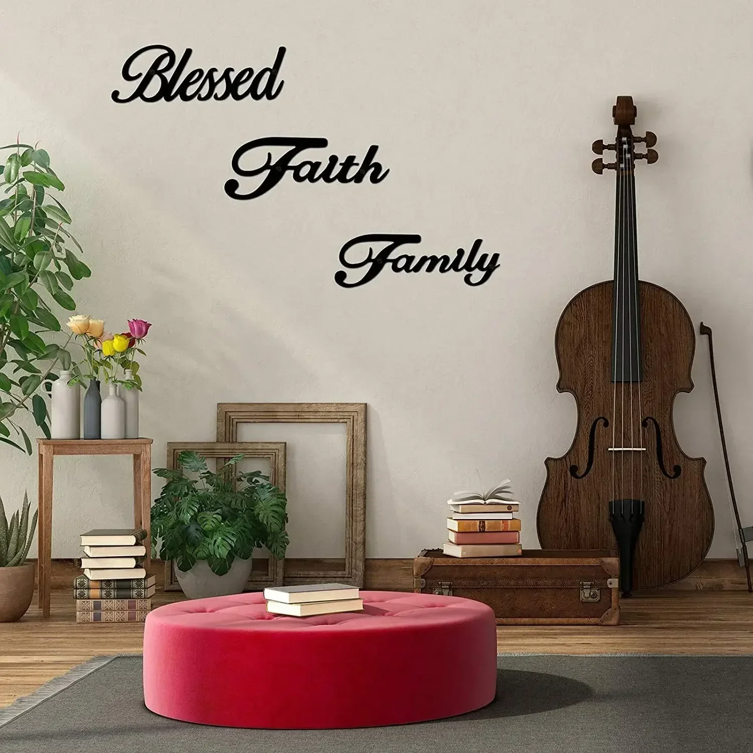 

Home Essentials 3 Pieces Family Faith Blessed Black Iron Crafts, Metal Sign Blessed Family Faith Word Sign