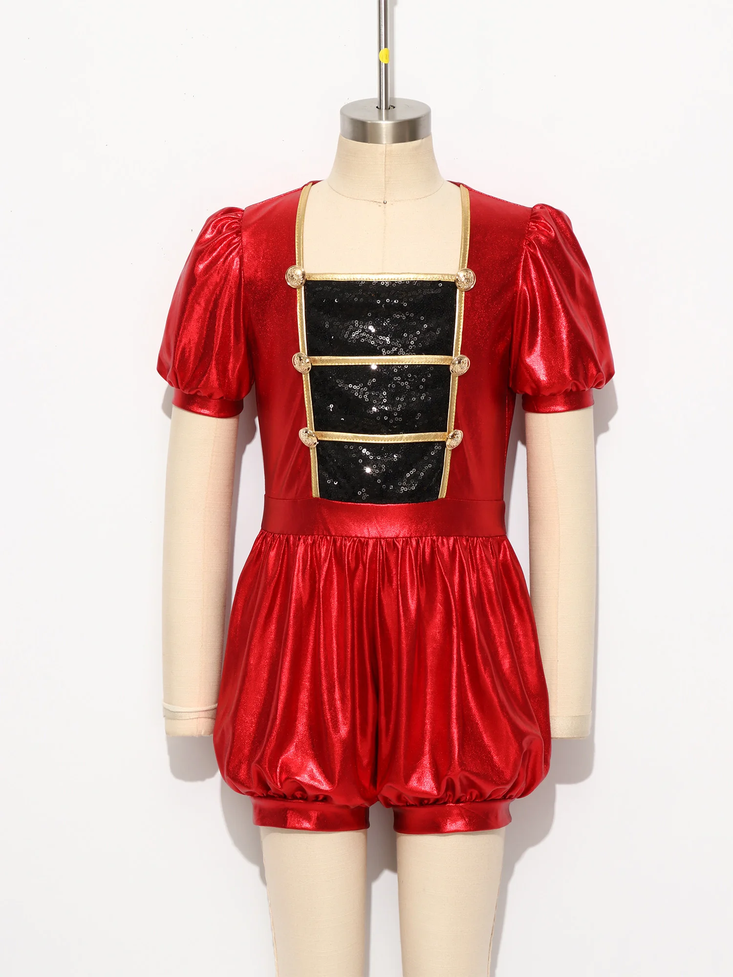 Girls Circus Costume Ringmaster Bodysuit Shiny Sequins Short Sleeve Color-blocked Leotard Jumpsuit for Halloween Fancy Outfits