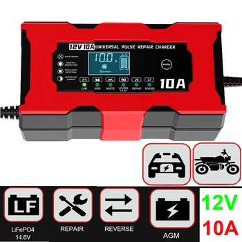Cargador de batería de coche de 12V, 10A, 14,6 V, 10A, cargador de litio de hierro para Lifepo4, plomo ácido, AGM, GEL PB, reparación de pulso de batería de litio