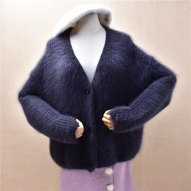 Ladies Women Fall Winter Thick Warm Hairy Angora Rabbit Fur Hand Knitted V-Neck Long Sleeves Loose Cardigans Sweater Jacket Pull