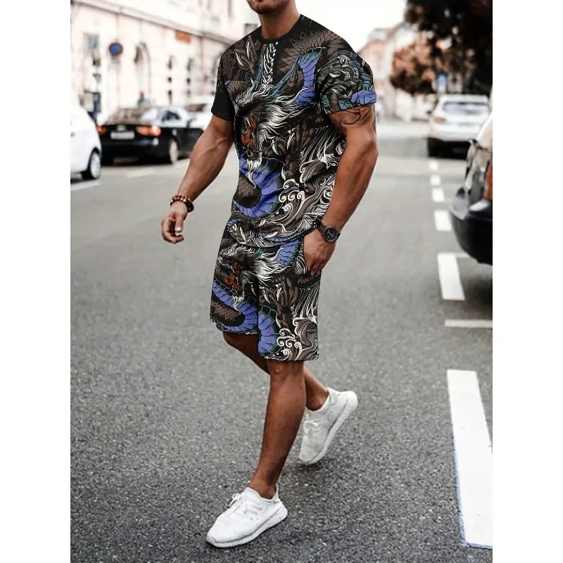 2025 Summer New Trend Retro Men's Fashion T-shirt 3D Digital Printing Creative Casual Round Neck Short Sleeved Shorts Set