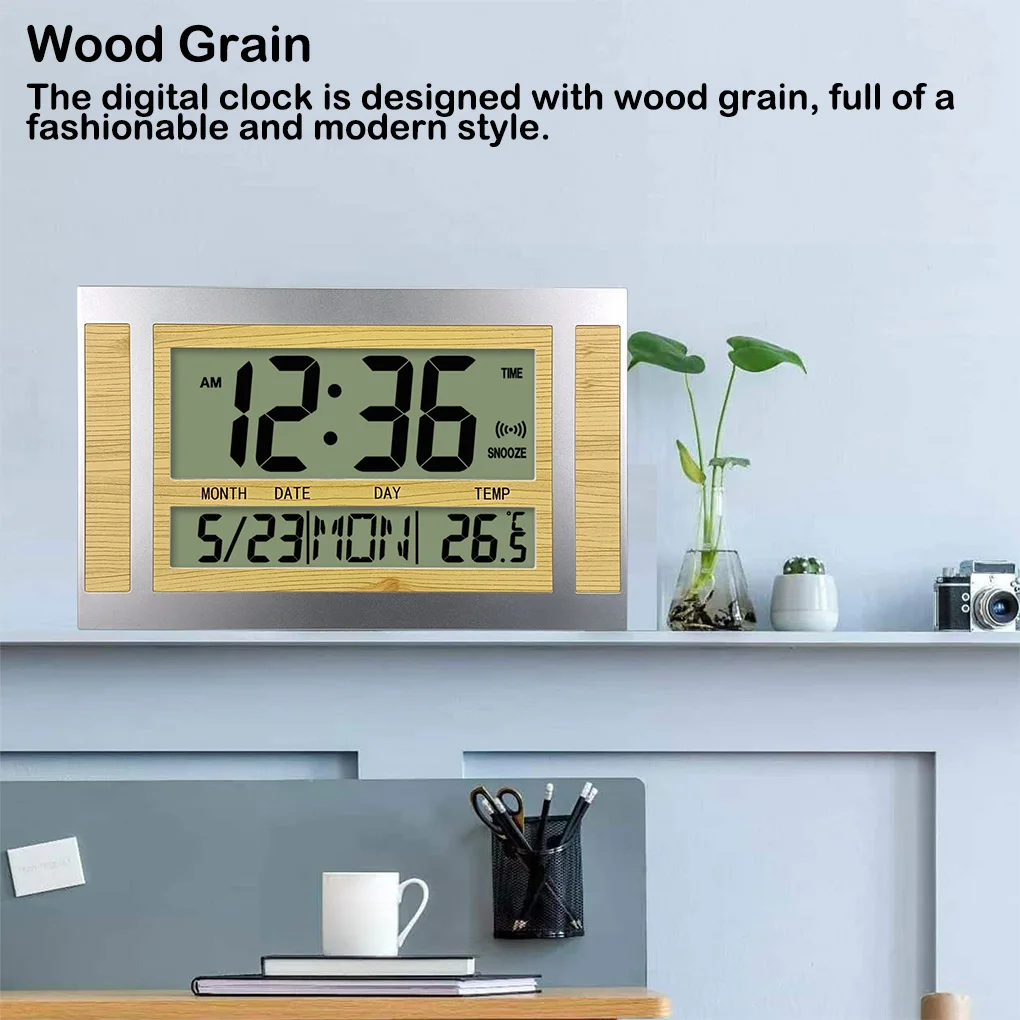 Digital Wall Clock LCD Large Temperature Calendar Alarm Wood Grain Table Clocks Modern Style Bell Thermometer Office