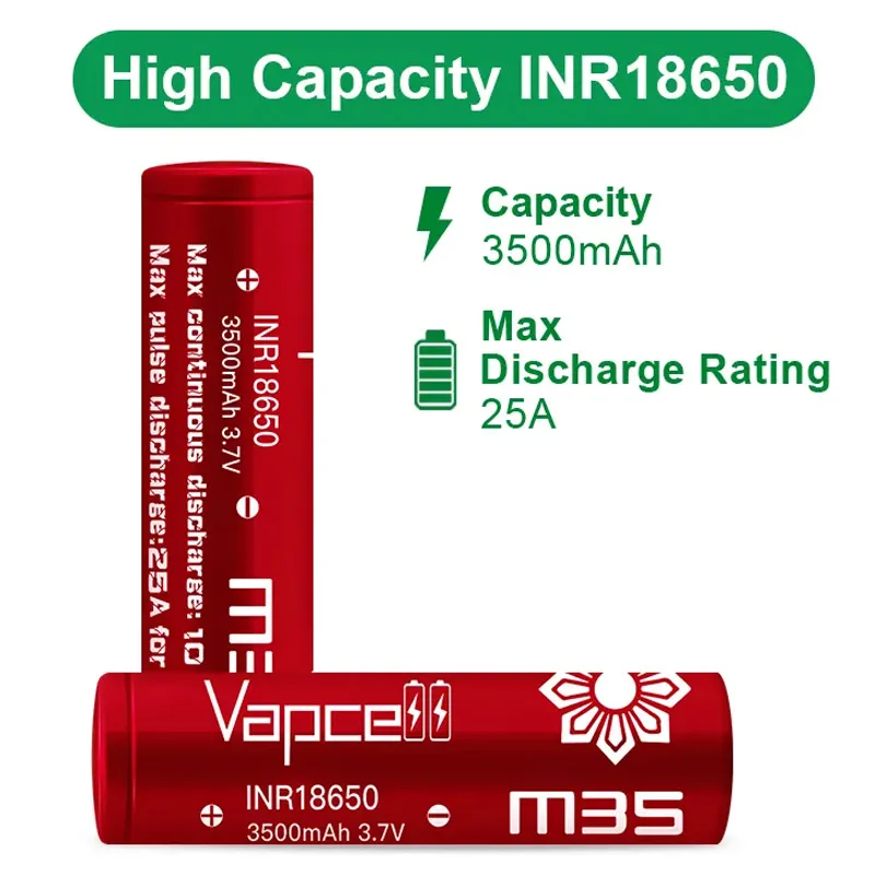 Original Vapcell M35 INR 18650 Battery 3500mAh CDR 10A Max 25A 3.7V Rechargeable Li Ion Battery For Flashlight Camera VapeMod