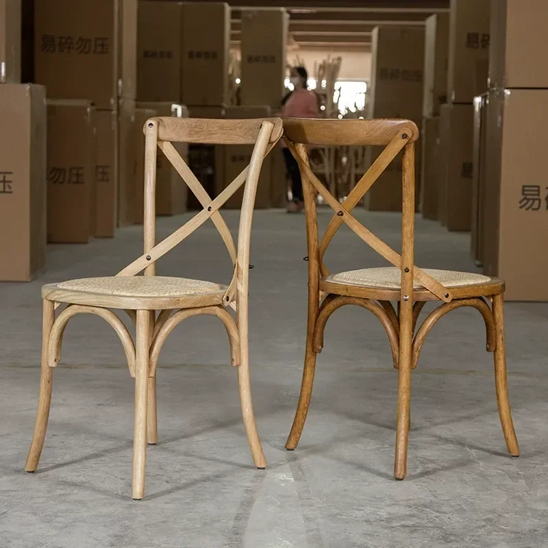 American Country Solid Wood Retro Dining Chair with Rattan Backrest Casual Household Wooden Chair Fork Back Design for Home