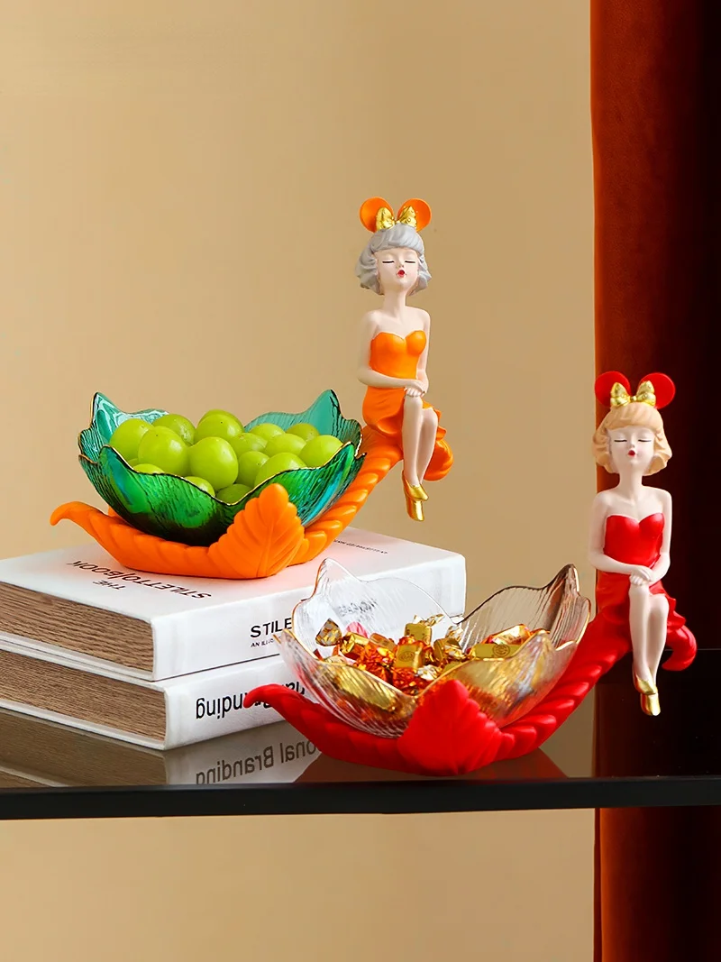 

Cartoon Cute Girl Glass Fruit Plate Home Candy Storage Tray Snack Nut Art Character Sculpture Decoration