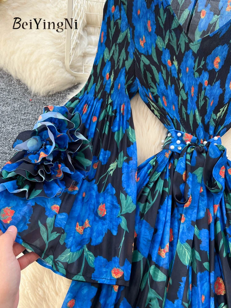 Beiyingni Lente Zomer Vakantie Maxi Jurk Vrouwen Bloemen Gedrukt Vrouwelijke Flare Mouw Geplooide Lange Mouw Jurken Pendelen Senior