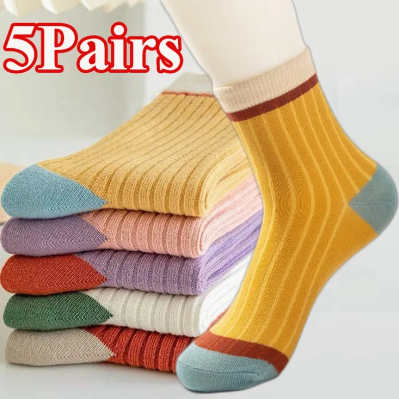 

Harajuku Autumn Winter Cute Socks for Women Japanese Style Striped Color Matching Middle Tube Socks Casual Soft Breathable Sock