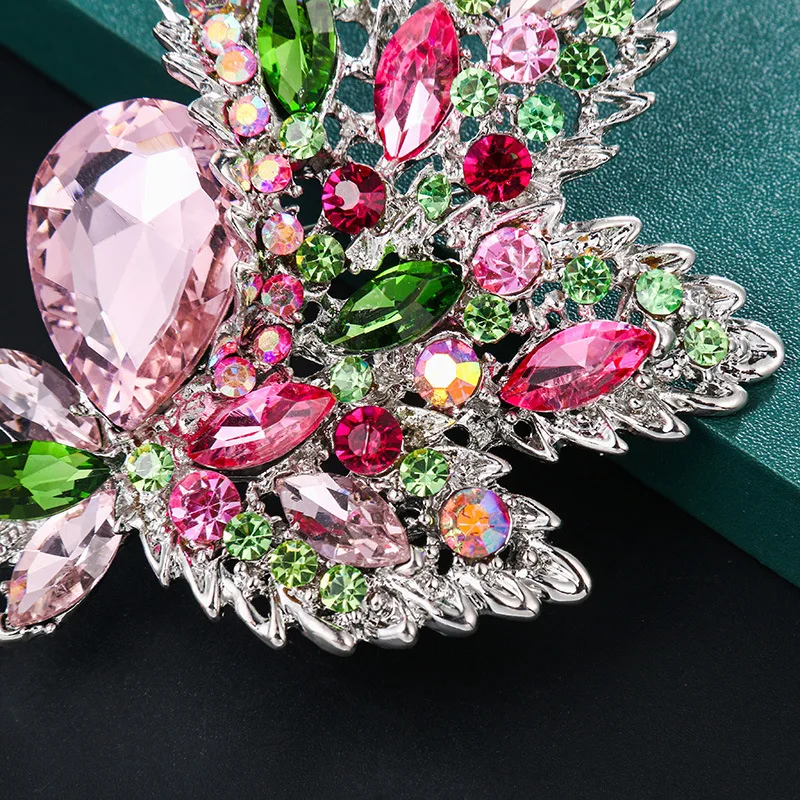 Pink Crystal Flower Brooch Rhinestone Pin Big New Elegant Romantic Wedding Bride Large Brooches For Woman Bridesmaid Jewelry