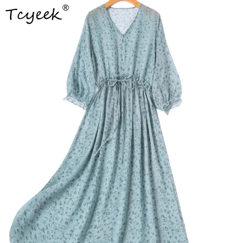 

Шелковое макси-платье Tcyeek из 100% натурального шелка тутового шелкопряда для женщин, лето 2026, воздушные пляжные платья с принтом, женская одежда, Vestidos De Mujer