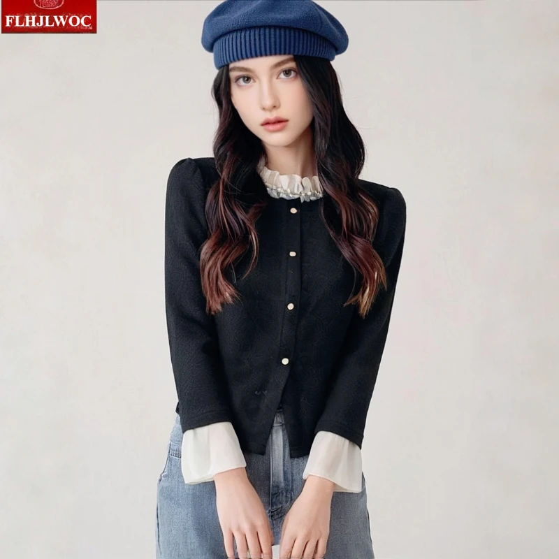 

Bling Beading Short Crop Tops Blouse New Year Woman Spring Flare Sleeve Cute Japan Girls FLHJLWOC French Design Basics Shirts