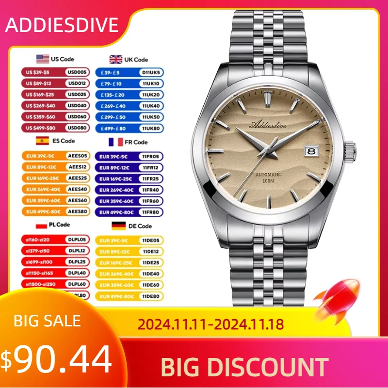 ADDIESDIVE New Men Luxury Watches NH35 Automatic Mechanical 100M Waterproof Stainless Steel Simple Wrist watch Relogio Masculino