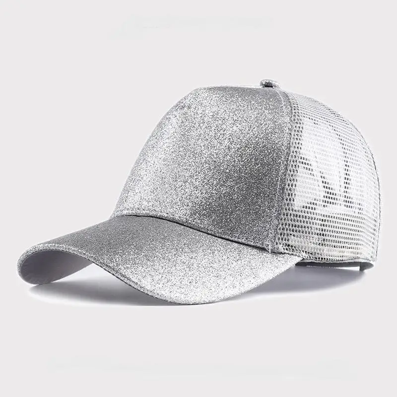 

Summer on the new sun glitter ponytail baseball cap female back open hat Black and white powder breathable refreshing net hat tr