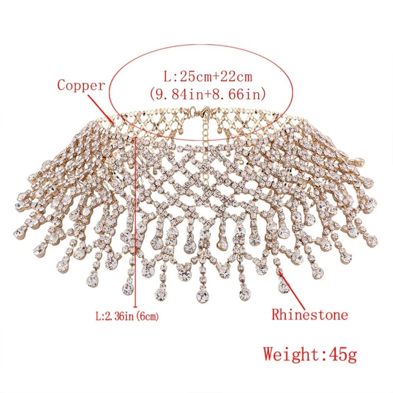 女性多層タッセルクリスタルラインストーンチョーカーネックレスウォータードロップペンダント調節可能なステートメントワイドカラージュエリー