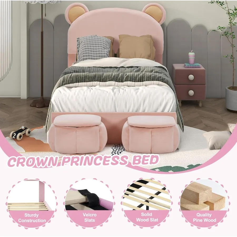 โครงเตียงแบบมีฐานรองหุ้มกำมะหยี่ขนาดทวินไซส์ พร้อมหัวเตียงรูปหูกระต่าย รวมเก้าอี้เก็บของ 2 ตัว และไฟ LED ในตัว