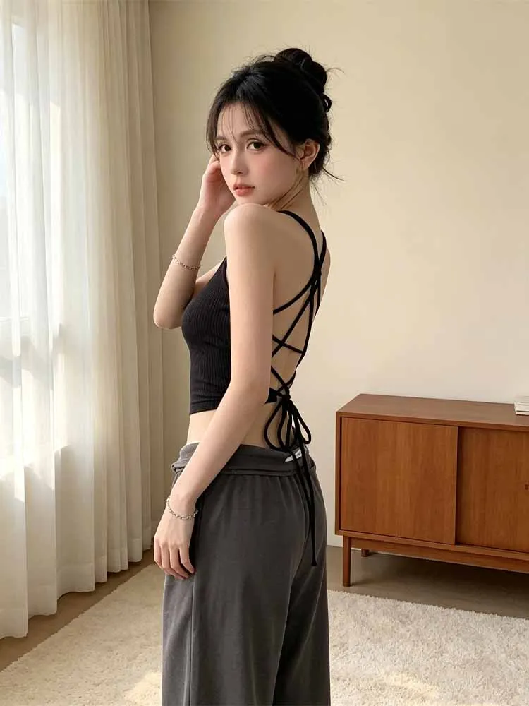 Hot girl style cross tie backless vest solid color round neck short sleeveless waist revealing top