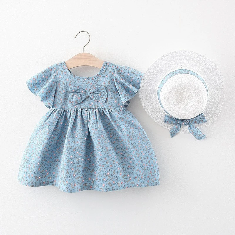 

2PCS Sets Baby Dresses Sunhat Kids Floral Dress Summer Toddler Straw Hat Girl Clothes Beach Flowers Cute Bow Sleeveless Princess