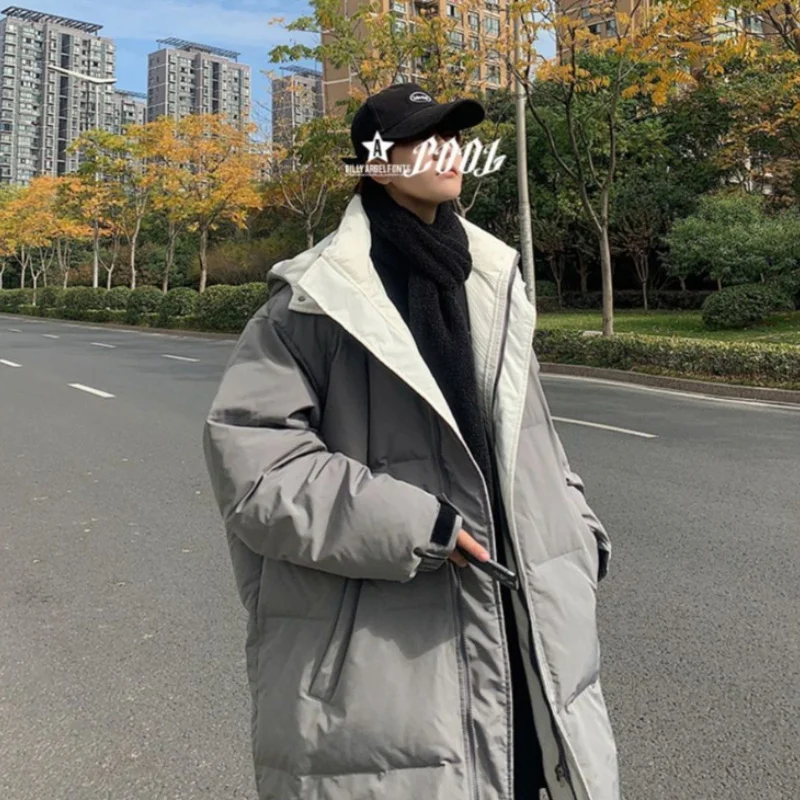 Korean Solid Parkas Men Long Trendy Winter Thickened Padded Jacket 2023 Large Size Bread Coat Unisex Simple Streetwear