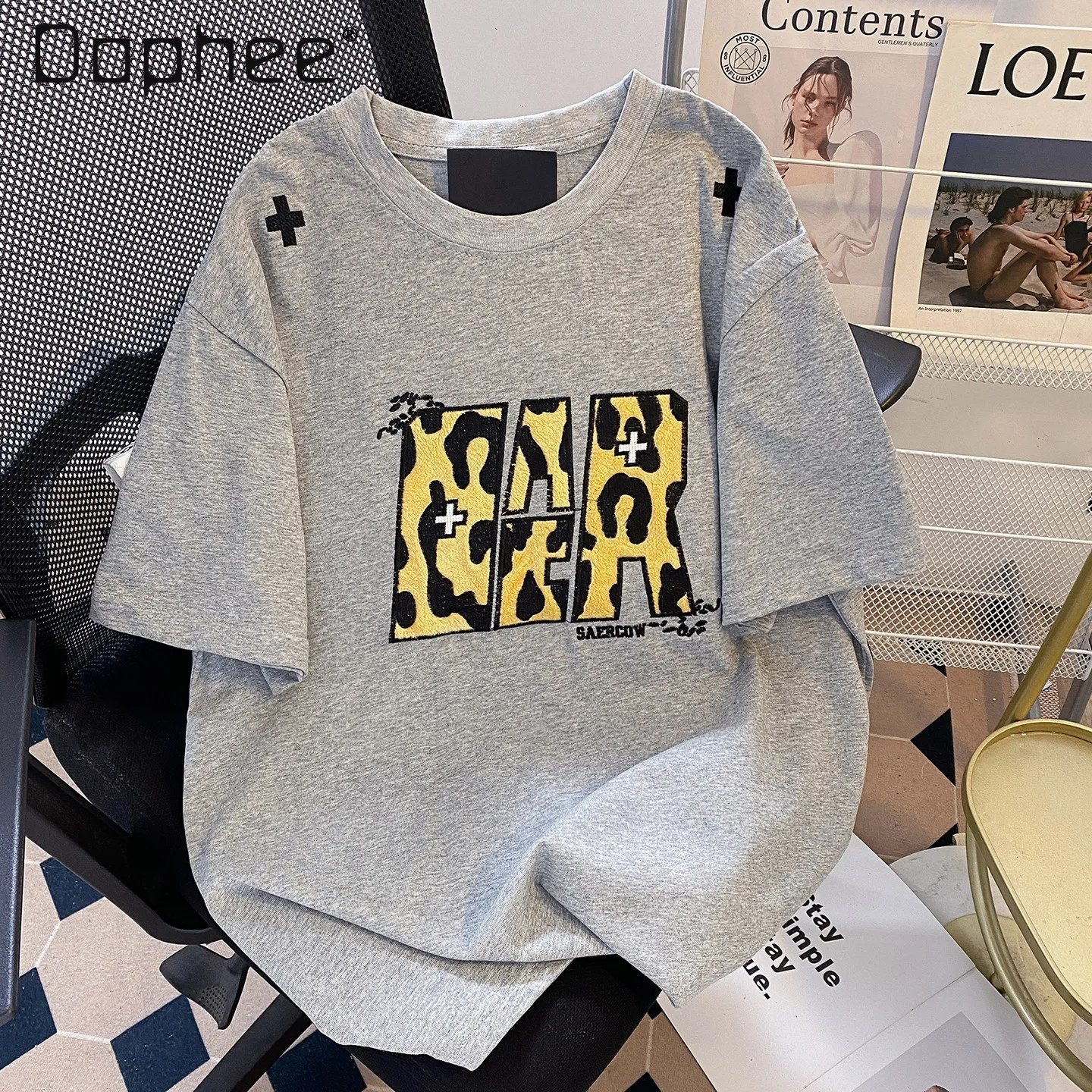 

Summer New Men's Leopard Print Embroidery Gray T-Shirt Casual Loose Short Sleeve Streetwear Cross Design Black Tops for Men