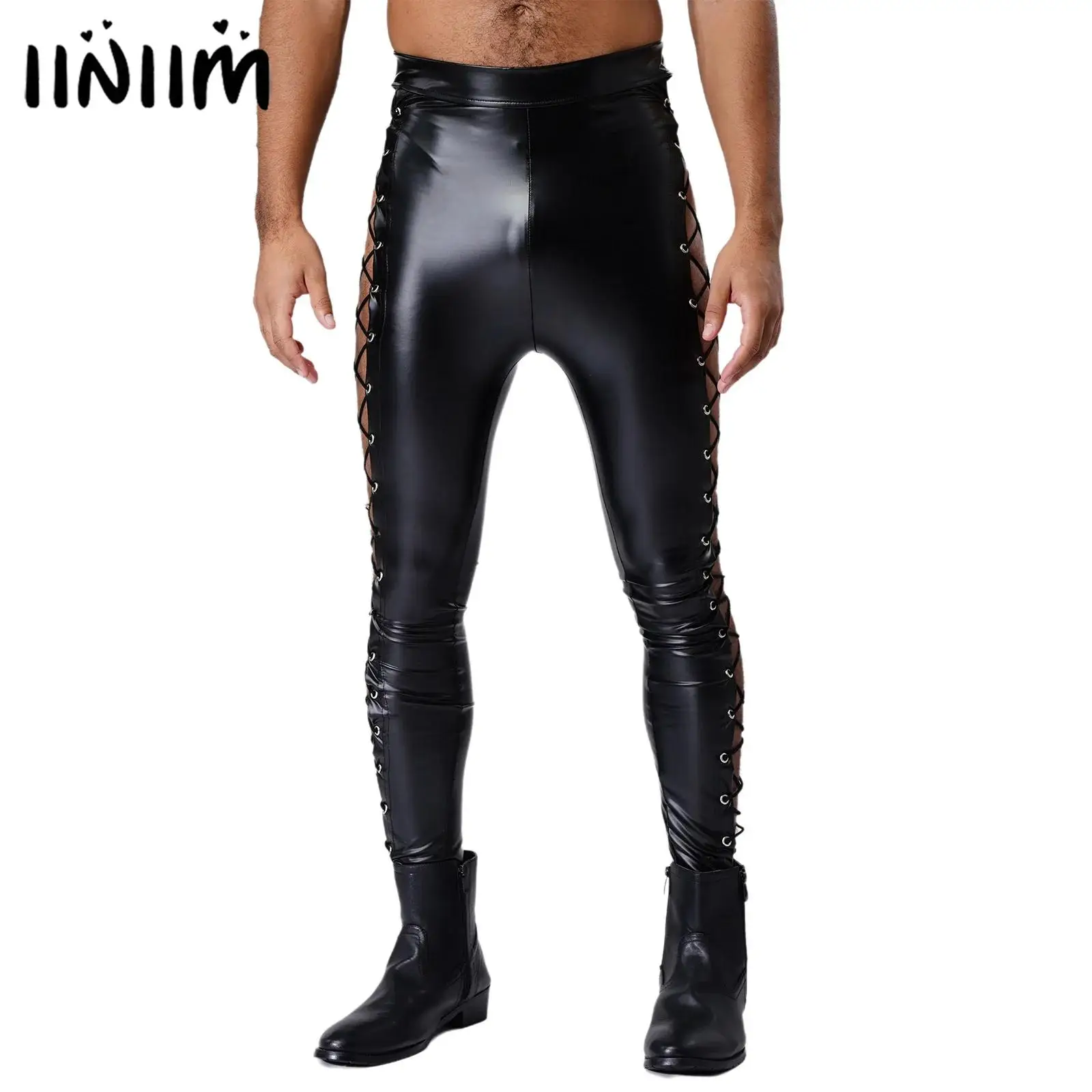 

Мужские матовые латексные брюки из искусственной кожи с высокой талией Леггинсы с молнией сзади с подвесками по бокам и колготки на шнуровке Узкие длинные брюки Шикарная клубная одежда