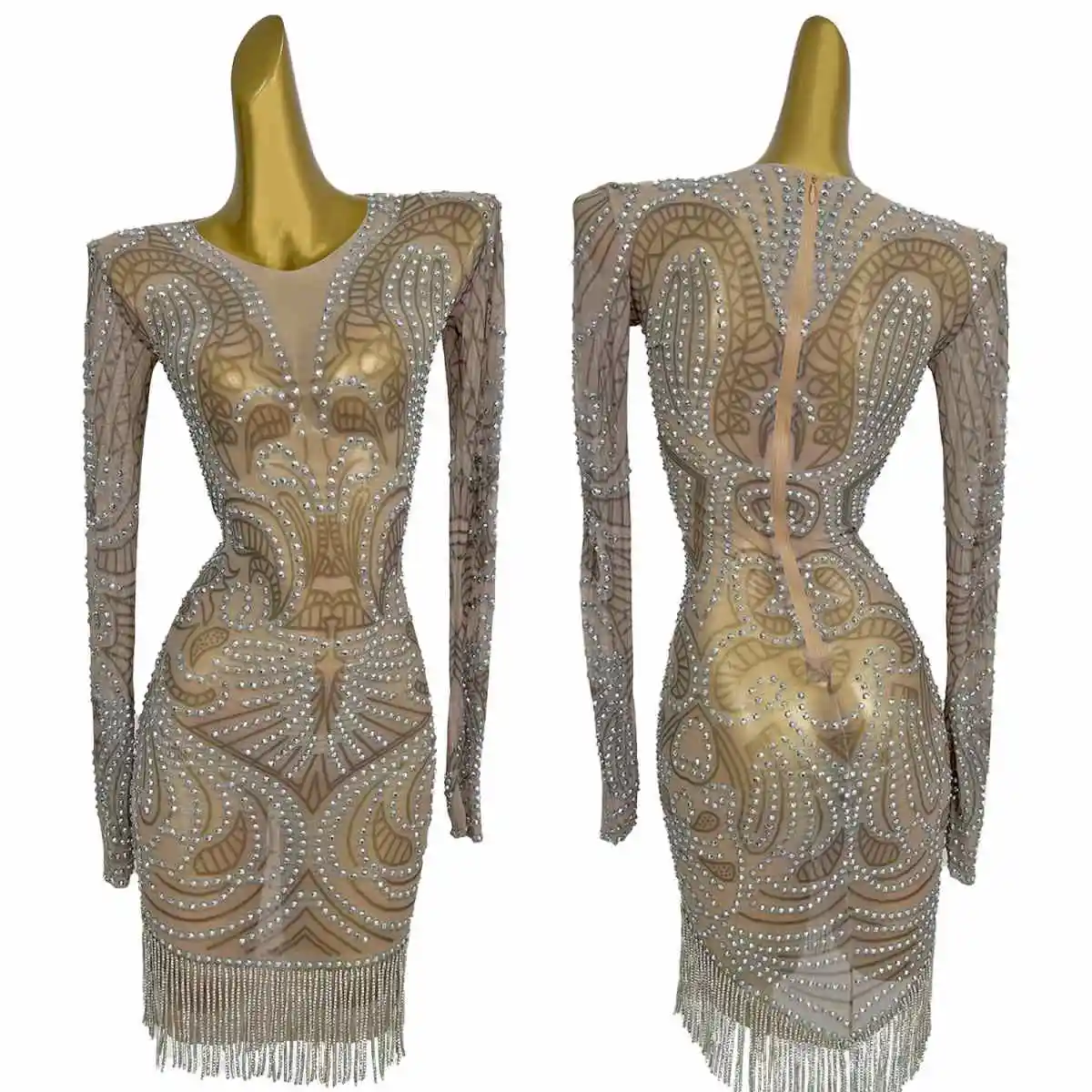 

High-End Sexy Sparkly Rhinestone Short Dress for Women Concert Singer Performance Party Event See Through Mesh Outfit Jucilang