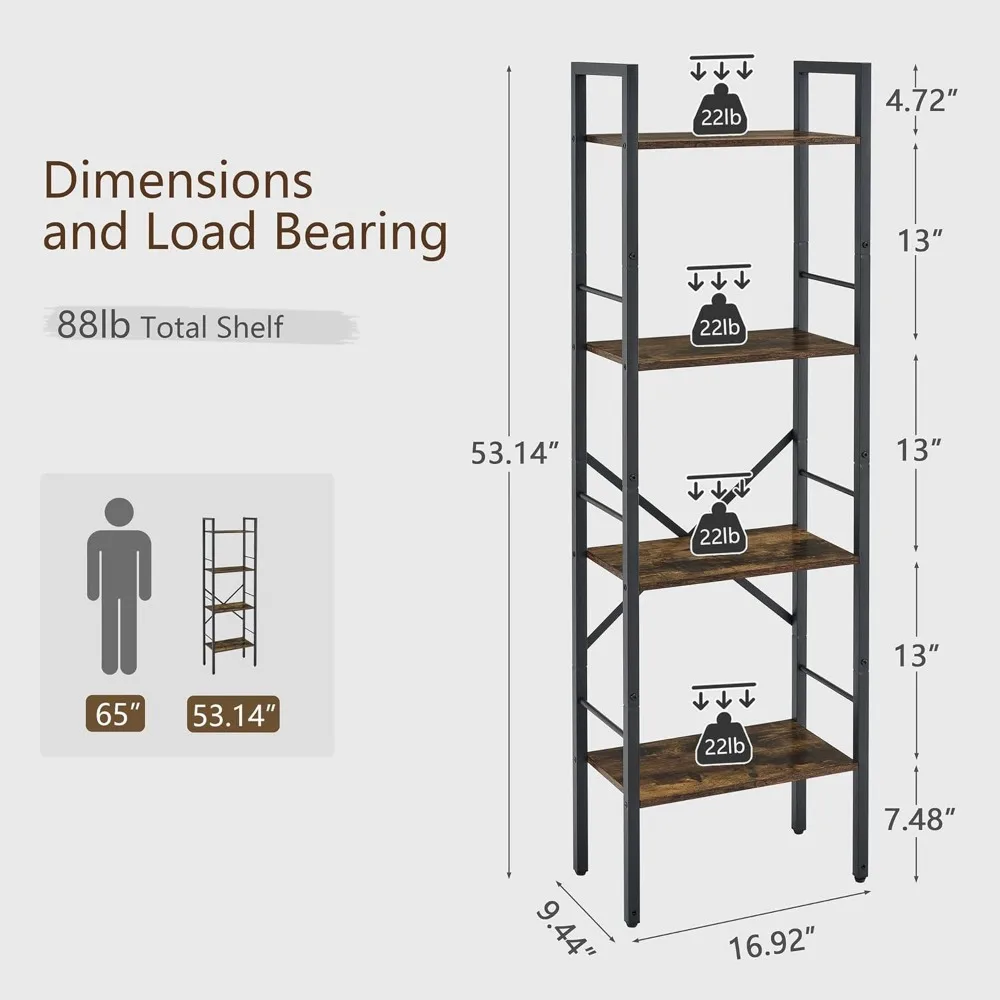 4 Tier Bookshelf Industrial Ladder Shelf,Tall Skinny Bookshelf with Wood,Freestanding Thin Bookshelf for Home Office,Living Room