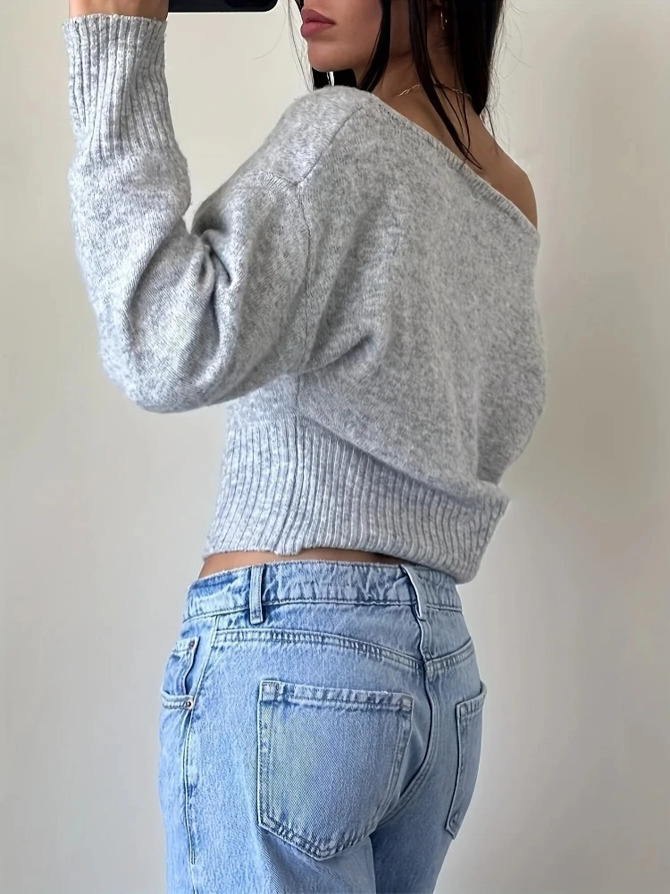 Autumn Winter New Fashion Off-shoulder Slim Knitted Sweater Women Sexy And Elegant Solid Color Long-sleeved Top Pullovers