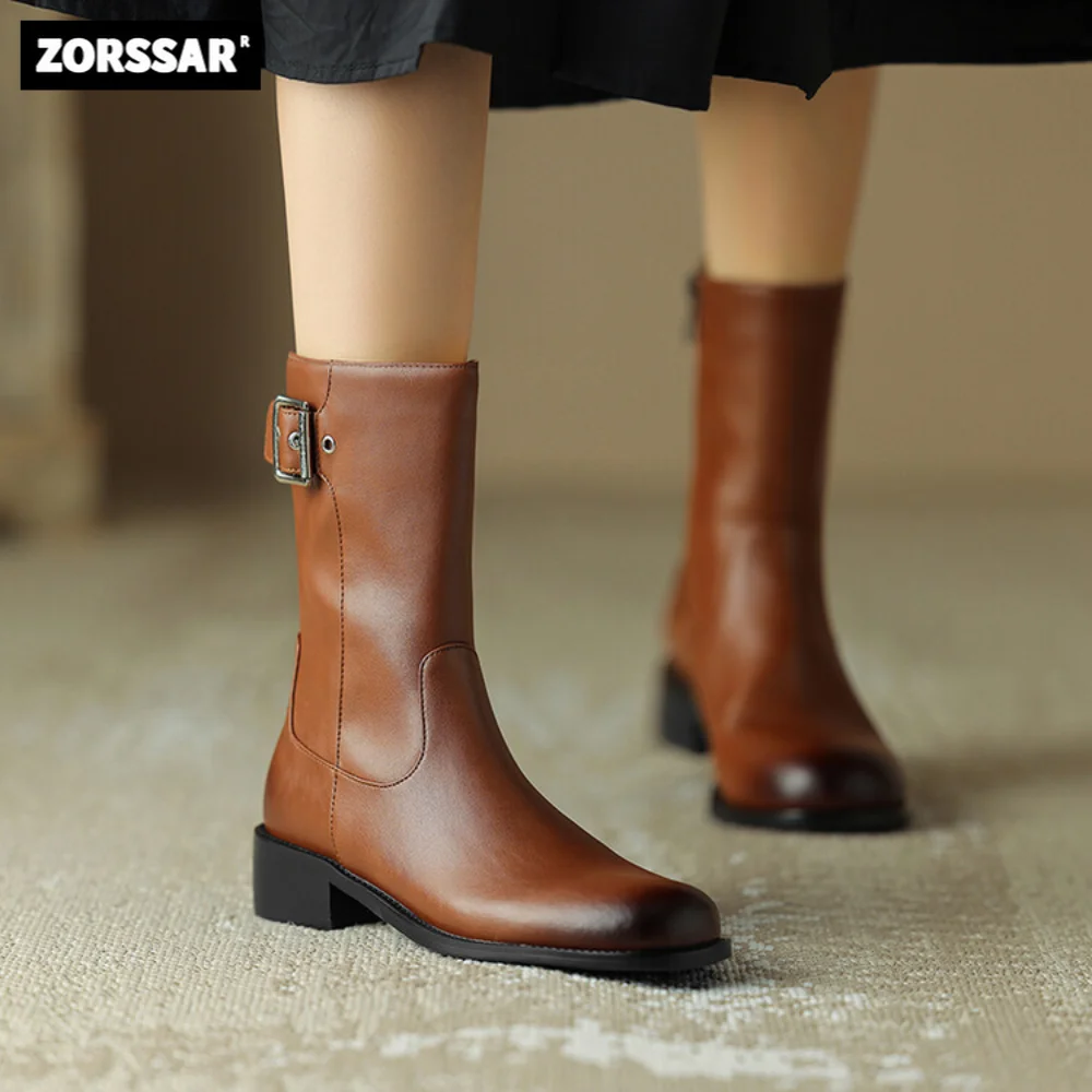 

New Women Chelsea Boots Genuine Leather Low Heel Ankle Boots Round Toe Stylish Elegant Female Leather Booties Large Size 32-48