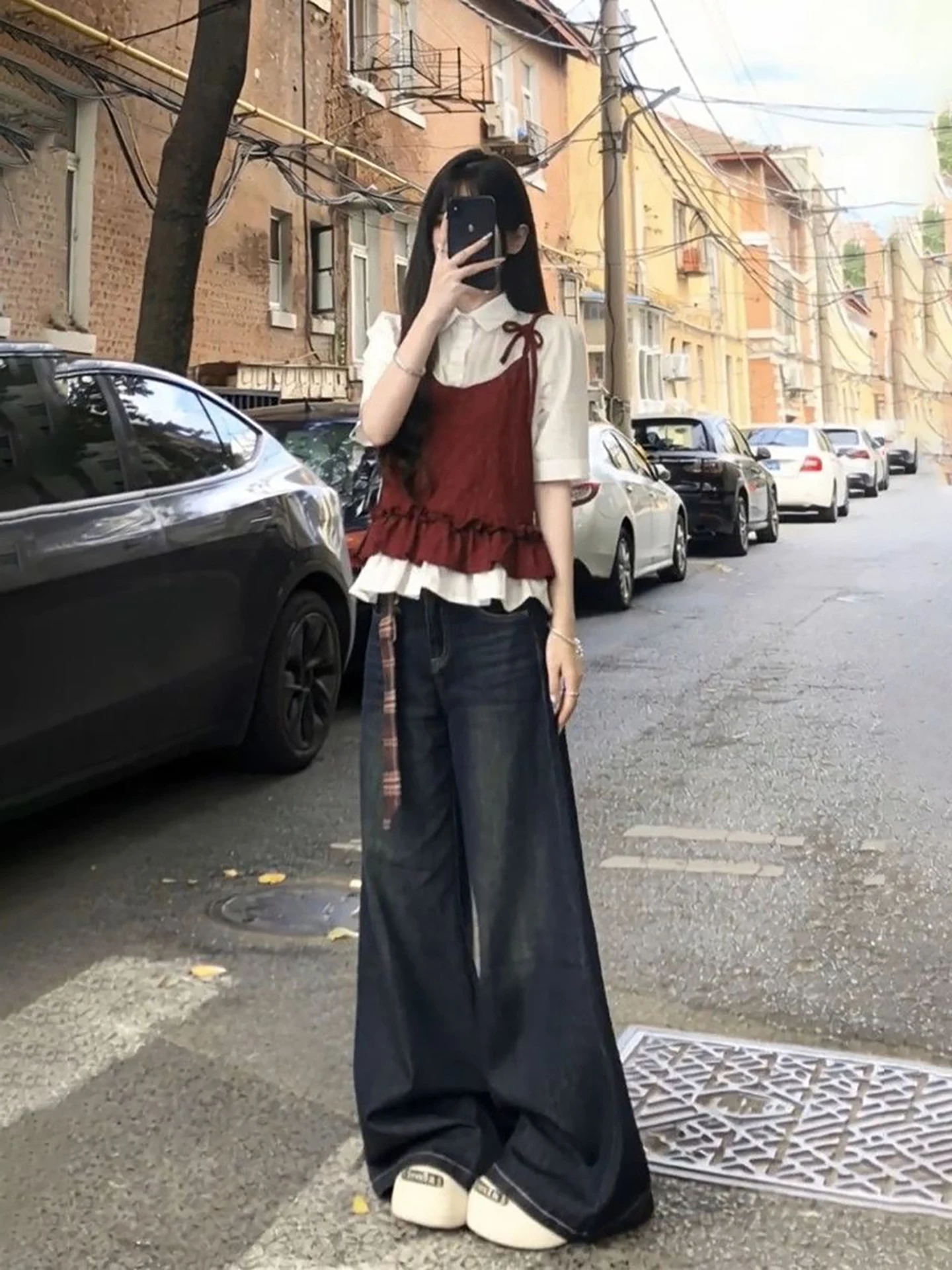 

Early Spring Gentle Personality College Style Shirt And Jeans Wide Leg Pants Two Piece Set Splice Design Casual Fashion