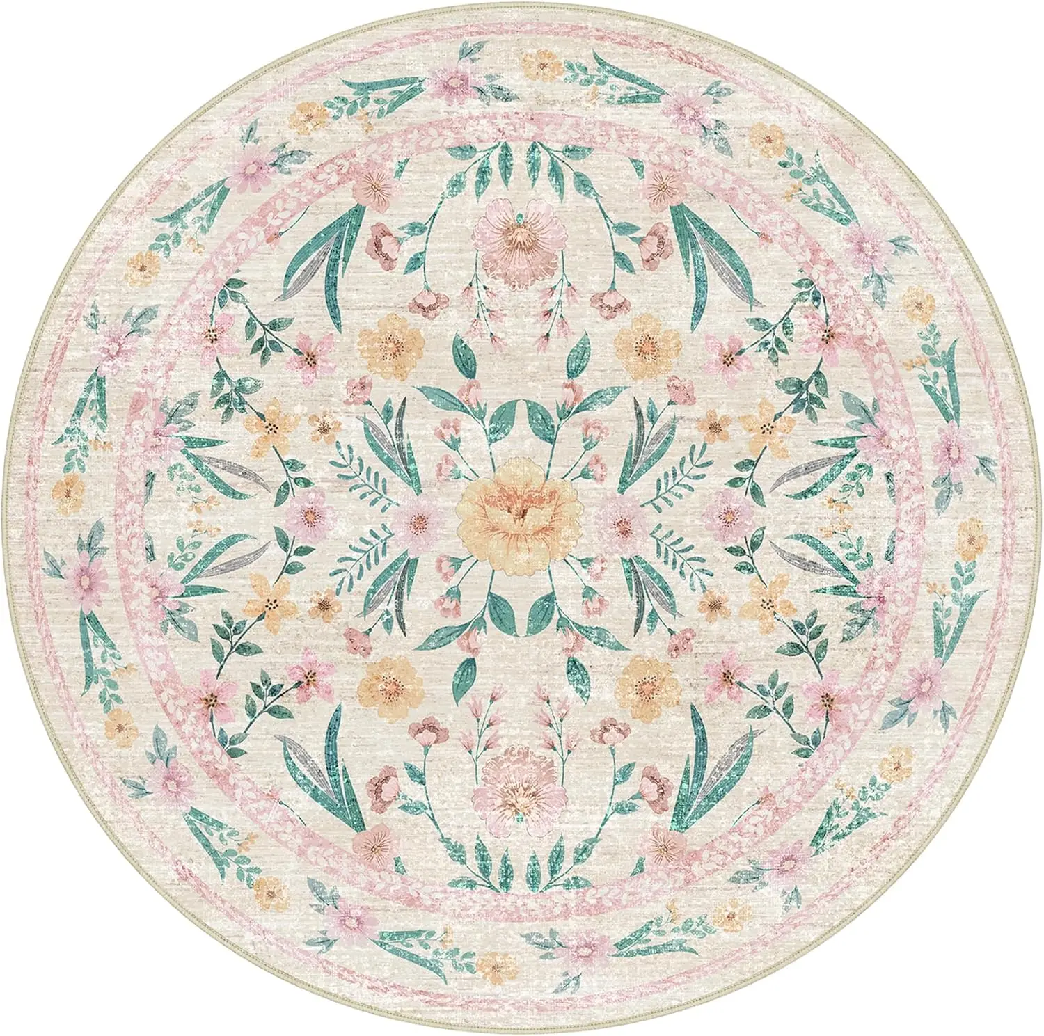 

Pink Floral Round Rug – Soft Non-Slip Washable Carpet for Nursery, Playroom & Kids’ Corner