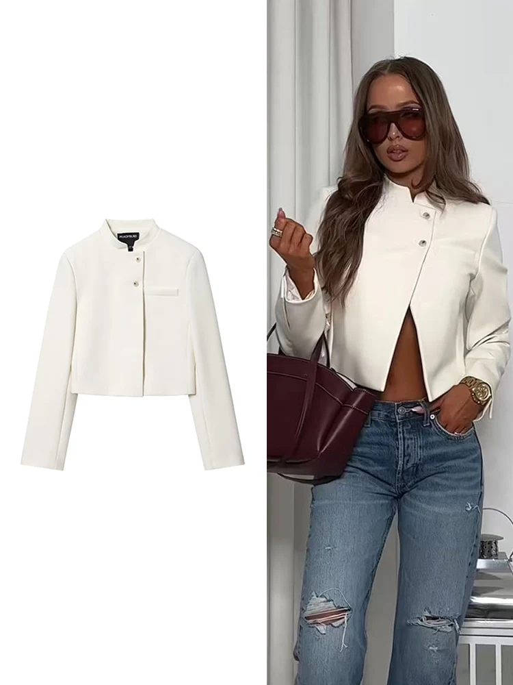

Модная женская короткая куртка с воротником-стойкой, элегантная однотонная белая облегающая офисная женская простая повседневная женская одежда