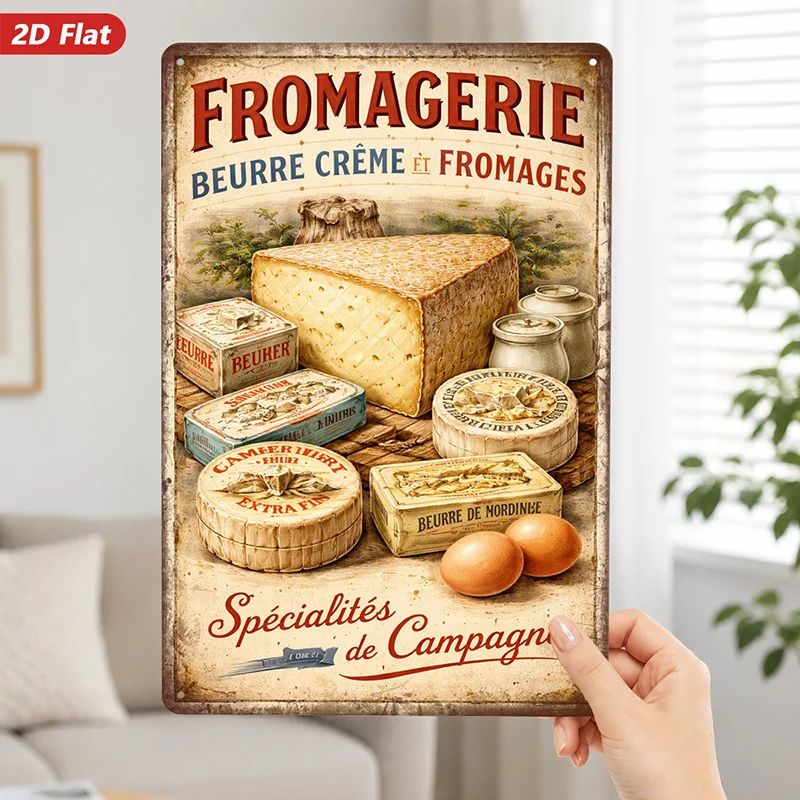2D Flat Metal Wall Sign, Vintage Cheese Theme Home Decor Plaque with French Text, Farmhouse Elements for Kitchen & Dining Room