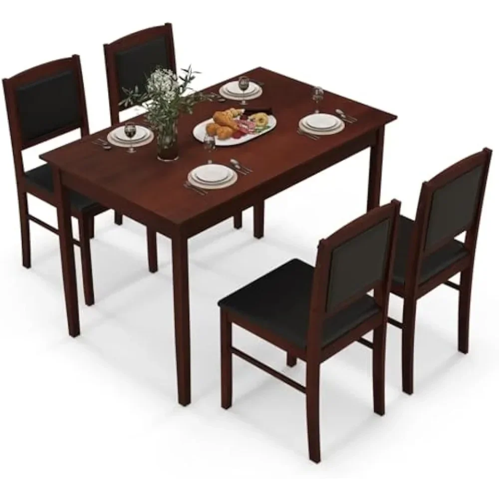 

Farmhouse Dining Table Set for 4, Solid Wood Dining Set w/Rubber Wood Legs, Upholstered Seat & Padded Backrest