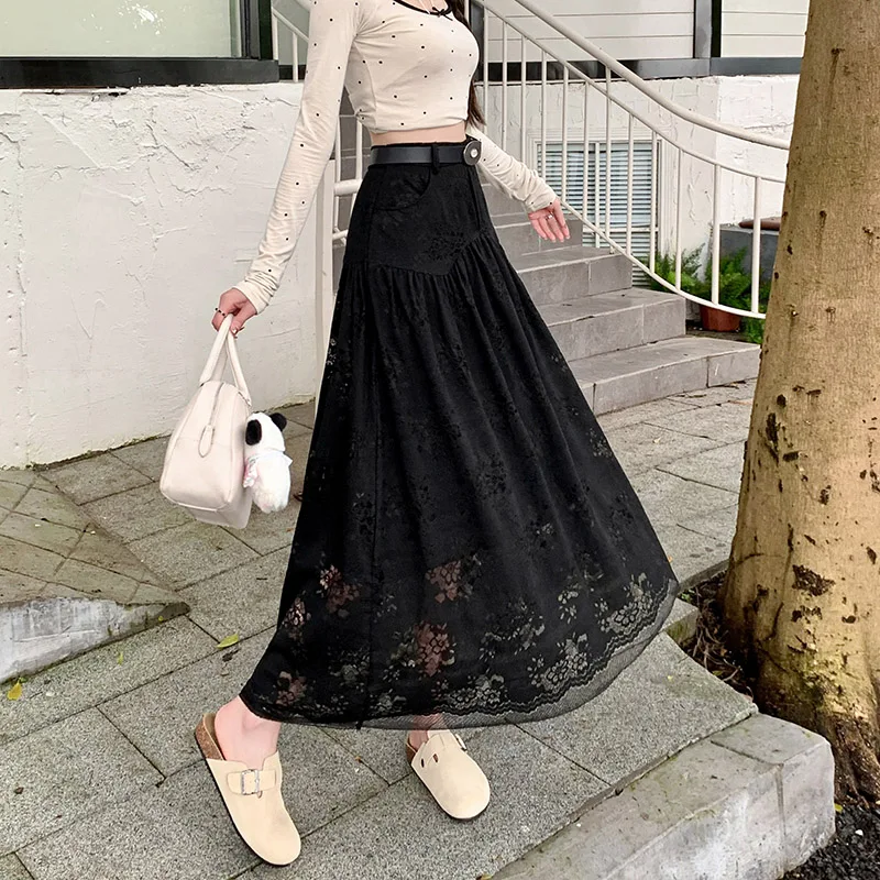 White Lace Maxi Long Skirts for Women 2024 Summer Belted High Waist Korean Elegant Hollow Out Skirt Female Sweet Faldas Mujer