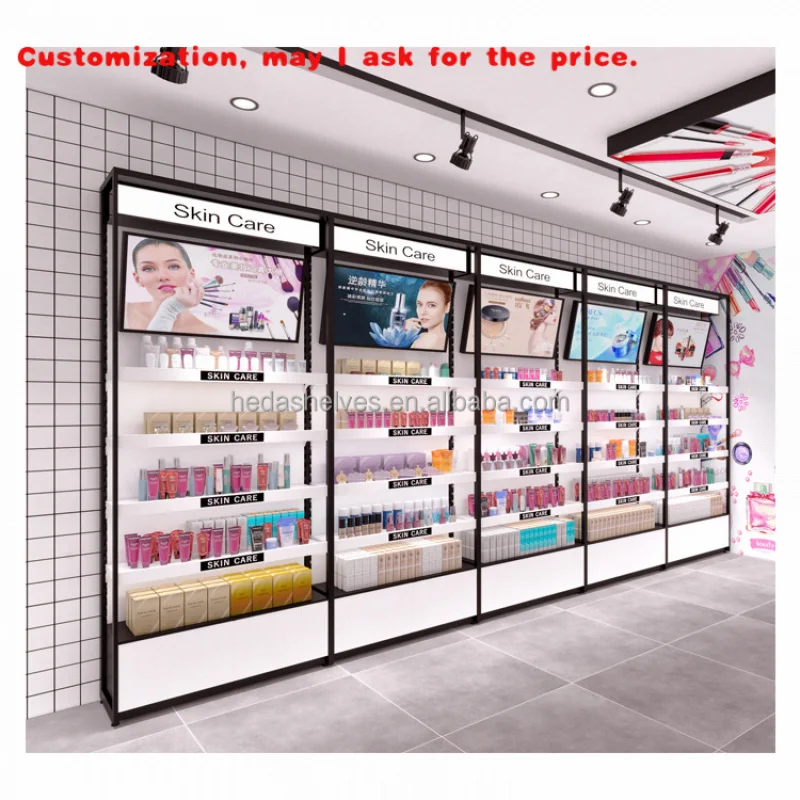 

custom.Fashion Colorful Customized Cosmetics Display Shelves Beauty Shop Store Cosmetic Rack Shopping Mall Makeup Display Wall S